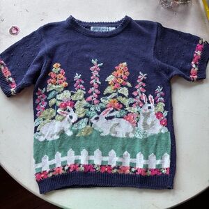 Vintage Easter Top Rabbit Floral Garden Short Sleeve Sweater Top  Medium